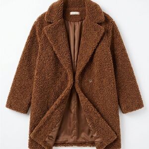 Max Studio Brown Teddy Coat with Shawl Collar- L